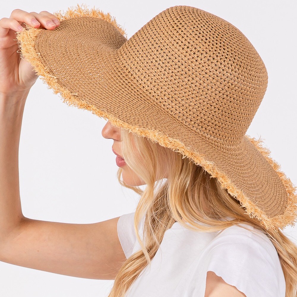 Tan Frayed Straw Floppy Hat